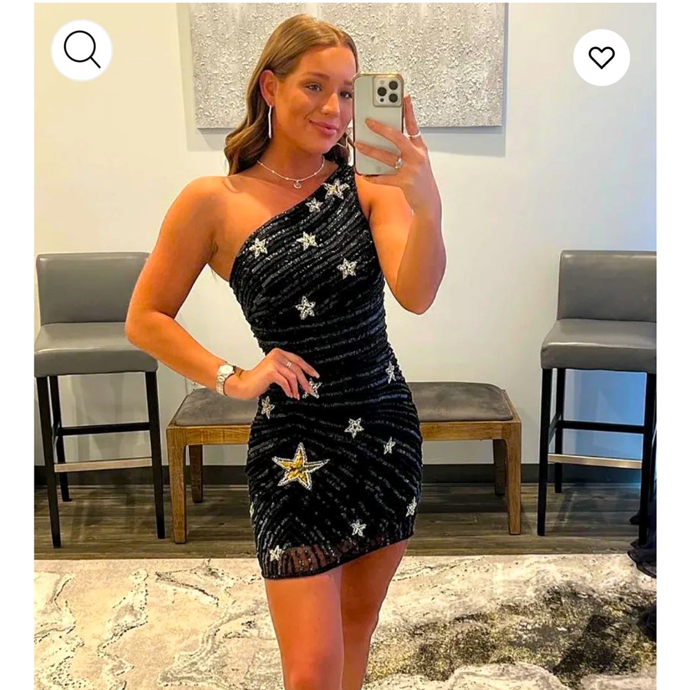 NWT One shoulder black sequin dress with silver stars.